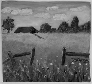 James's acrylic Farm painting in grayscale