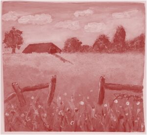 James's acrylic Farm painting in monochrome red