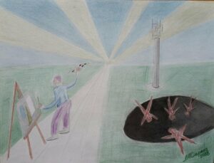 James's Self-Portrait of following God's Path versus falling into satan's Modern Seductions in colored pencil